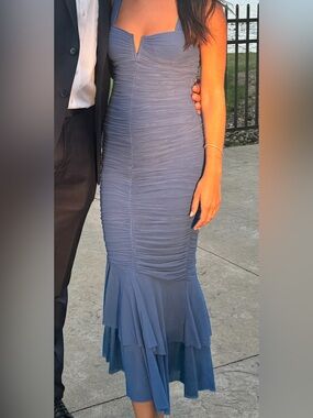 Hello Molly size 4 worn once Blue Ruched Bodice Midi Dress with Flounce Hem